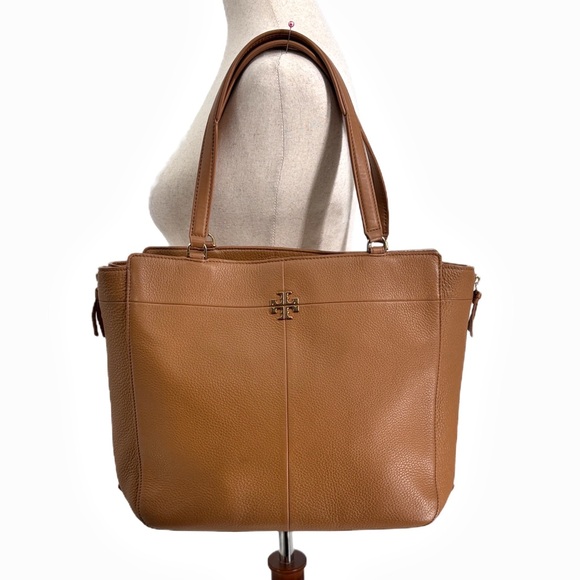 Tory Burch Ivy Side Zip Expandable Leather Tote Tan/ Caramel Pebbled Work Bag